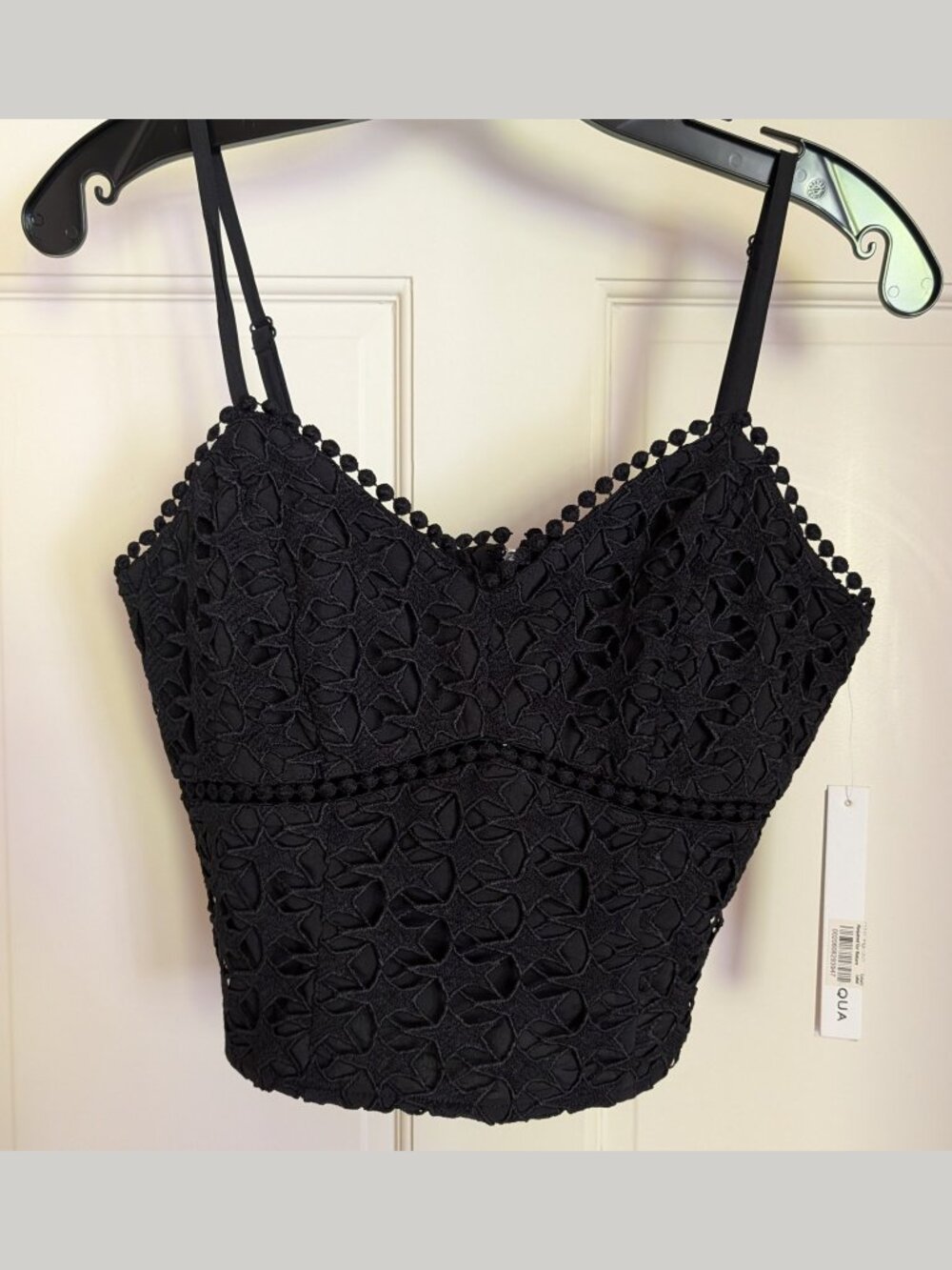NWT AQUA Bloomingdale's XS Black Guipure Lace Bustier Crop Top Pom Trim MSRP $78